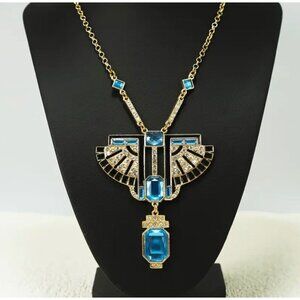 Art Deco Style Gold Chain Blue Crystal Statement Necklace